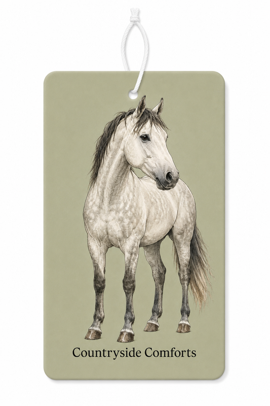 Grey horse with a sage background