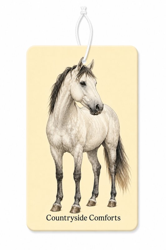 Grey horse with a yellow background