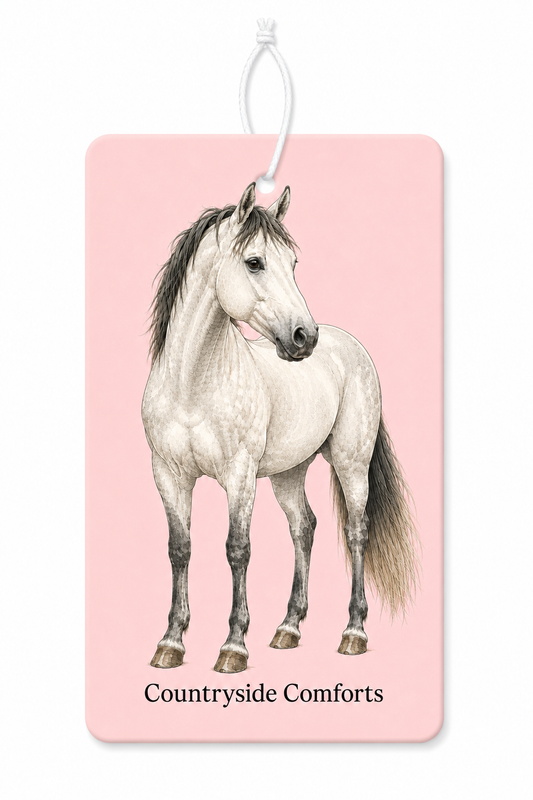 Grey horse with a pink background